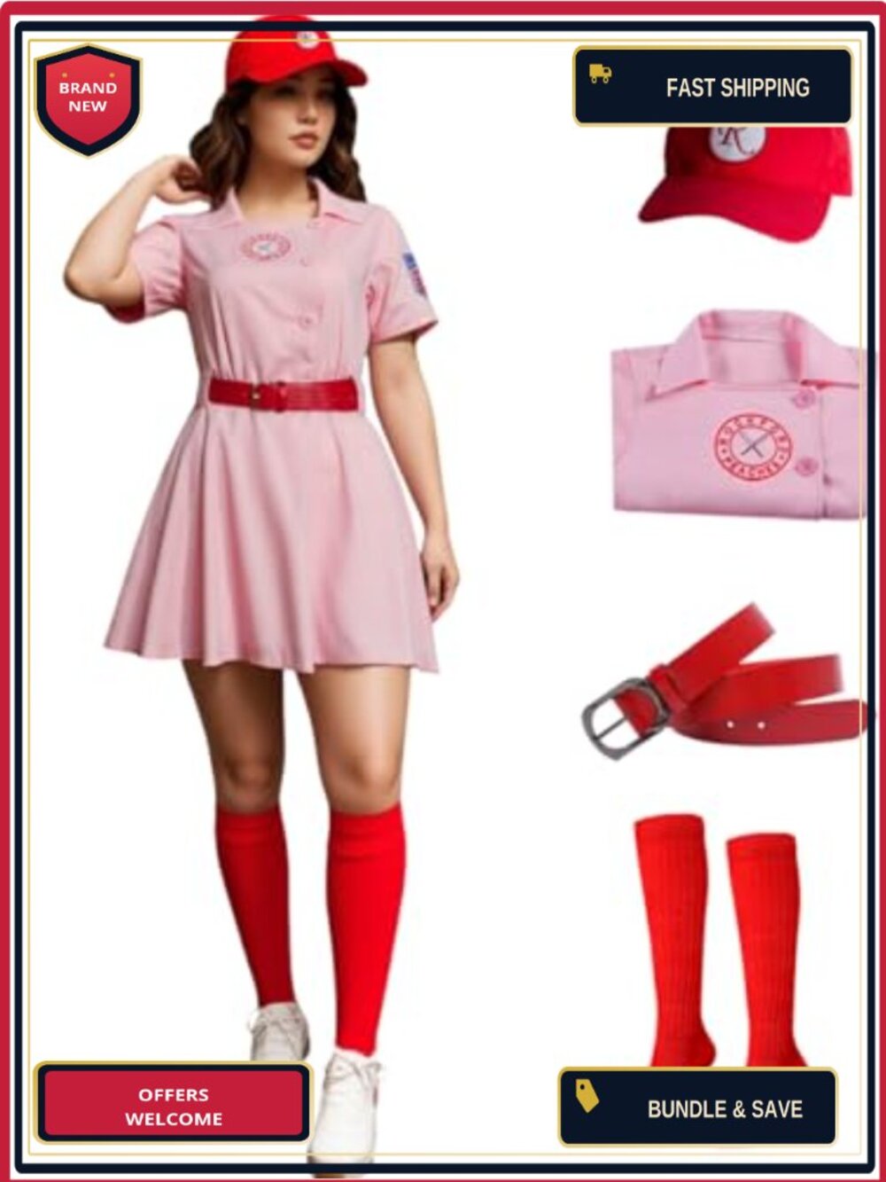 Womens League Baseball Jersey Dress Uniform Costume Set Polyester Blend